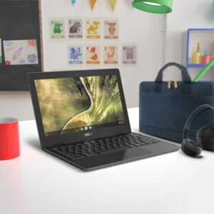 Asus C204 11.6 inch GGB RAM 32GB Rugged Spill Resistant Keyboard Chromebook with Belkin Kids Wired On Ear Headphones and Chromebook Bag