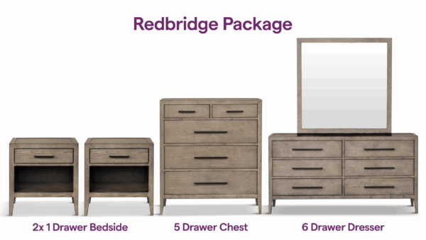 Redbridge Bedroom Set: 2 x 1 Drw Bedsides, 1 x Dresser and 1 x 5 Drw Chest