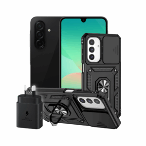 Samsung A26 Mobile Phone with Shockproof case with inbuilt screen protector and wall adapter
