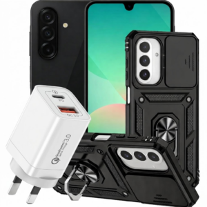 Samsung A26 Mobile Phone with Shockproof Case + Inbuilt Screen Protector and Wall Adapter Package